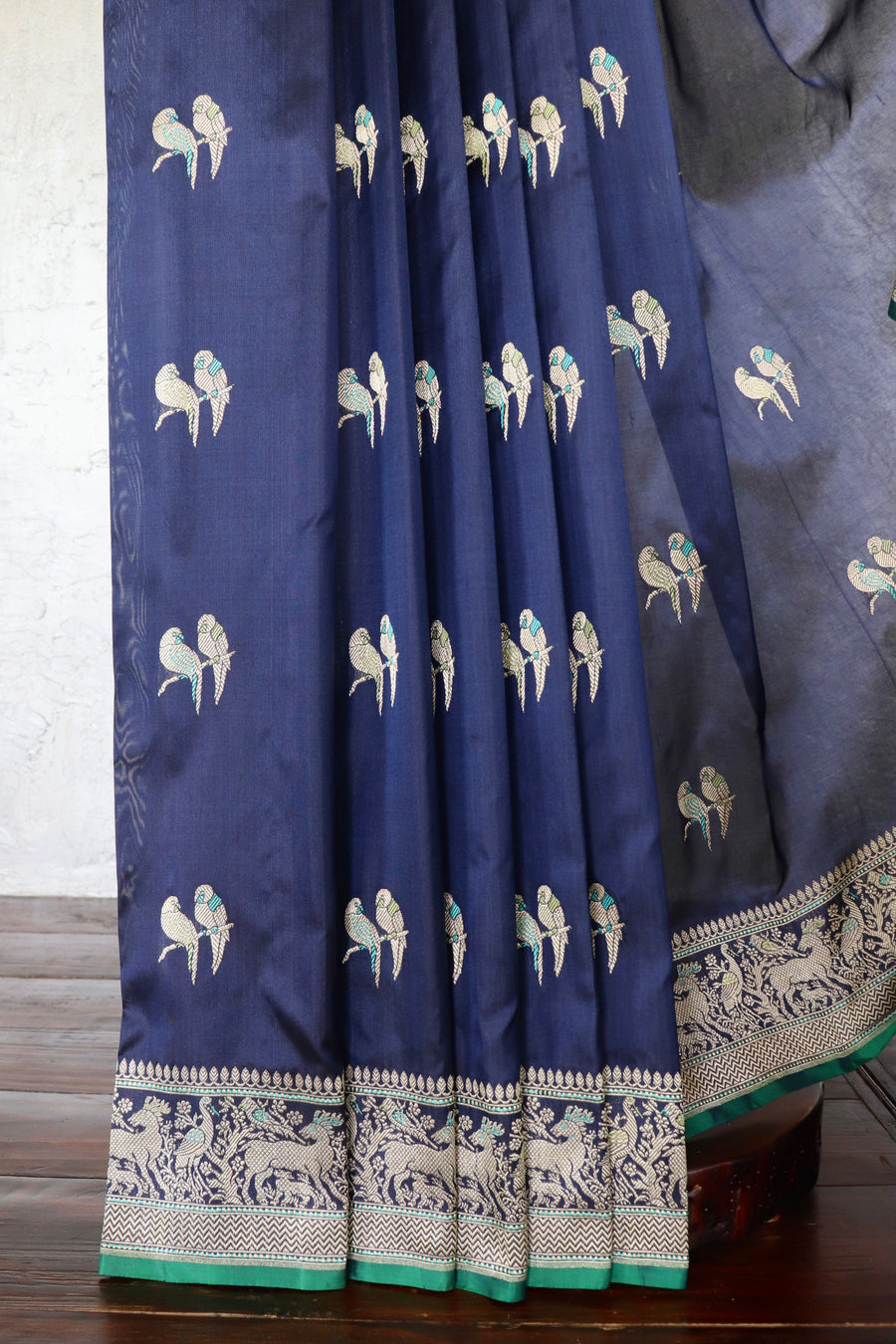 Navy Parrot  Bird Motif Kadhua Pure Silk Handloom Banarasi Saree