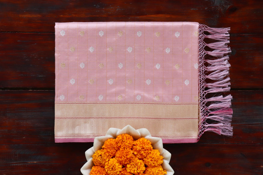 Rose Pink Check Pure Silk Banarasi Saree | Stuti Weaves