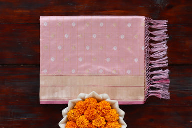 Rose Pink Check Pure Silk Banarasi Saree | Stuti Weaves