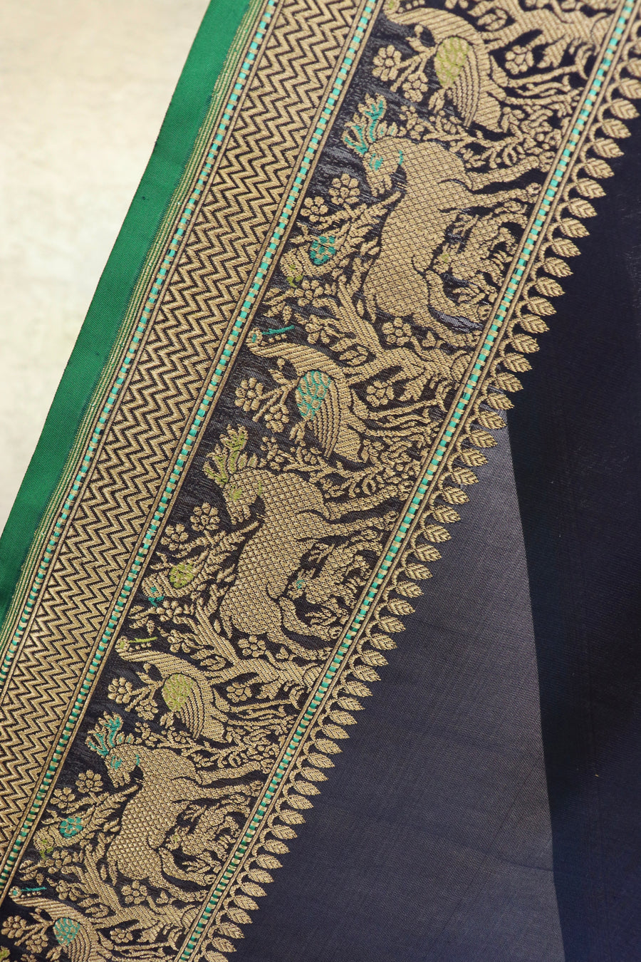 Navy Parrot  Bird Motif Kadhua Pure Silk Handloom Banarasi Saree