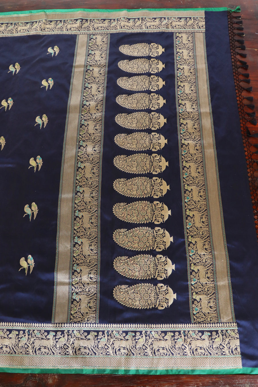 Navy Parrot  Bird Motif Kadhua Pure Silk Handloom Banarasi Saree