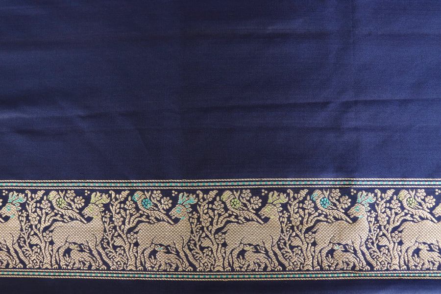 Navy Parrot  Bird Motif Kadhua Pure Silk Handloom Banarasi Saree