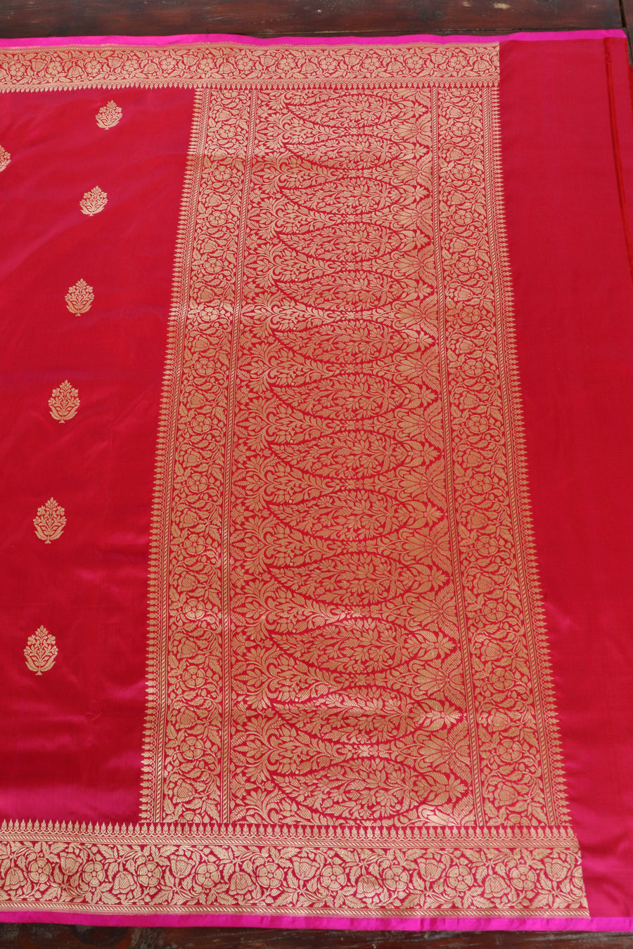 Rani Pink Parizaat Motif Pure Kora Silk Handloom Saree