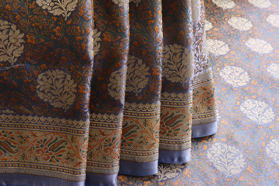 Pallu detail of Grey Jamawar Tanchoi satin silk saree