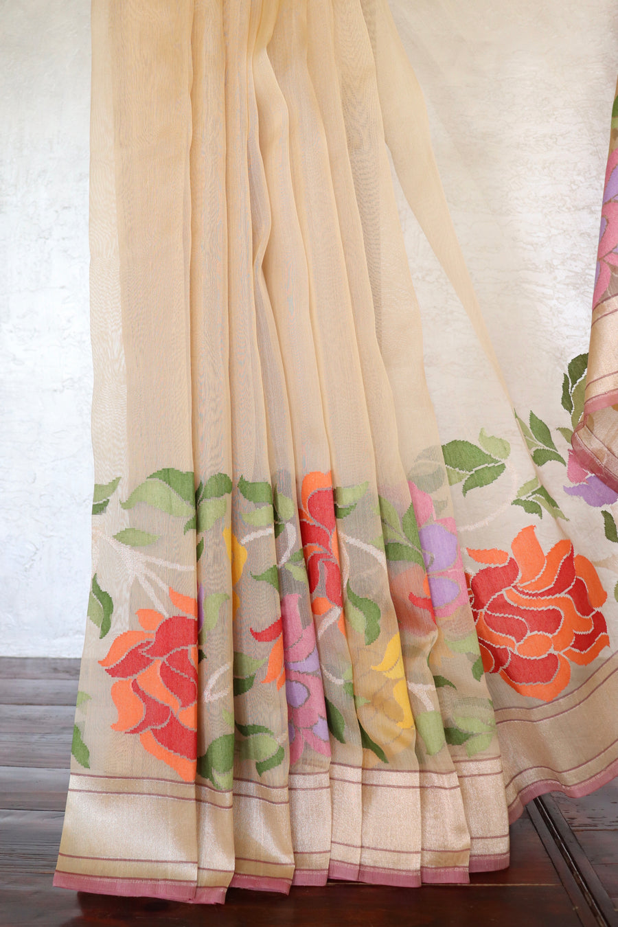 Beige Jamdani Roses Banarsi Kora Organza Saree
