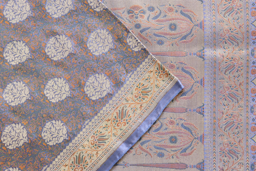 Full drape of Grey Jamawar Tanchoi satin silk saree