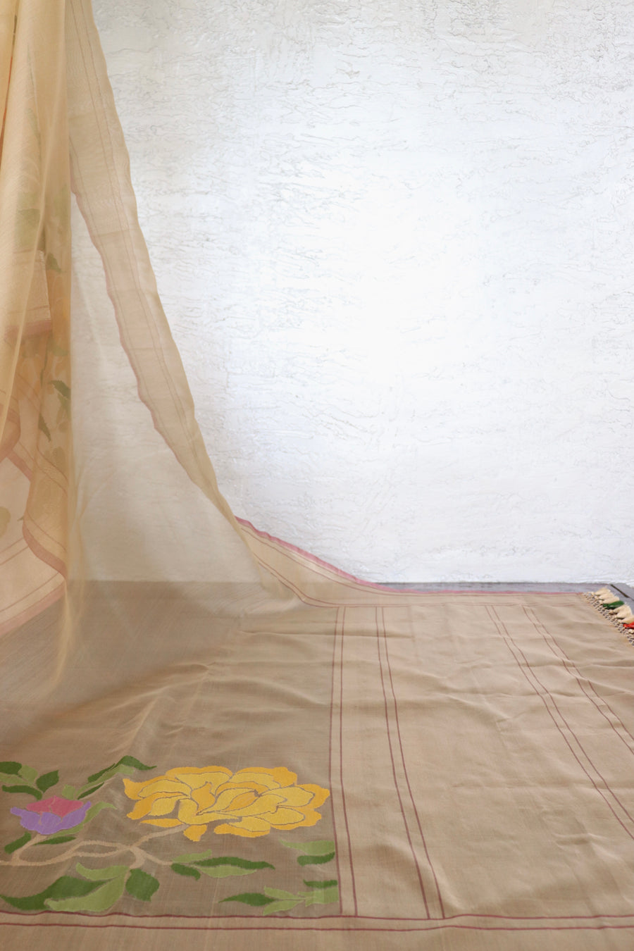 Beige Jamdani Roses Banarsi Kora Organza Saree