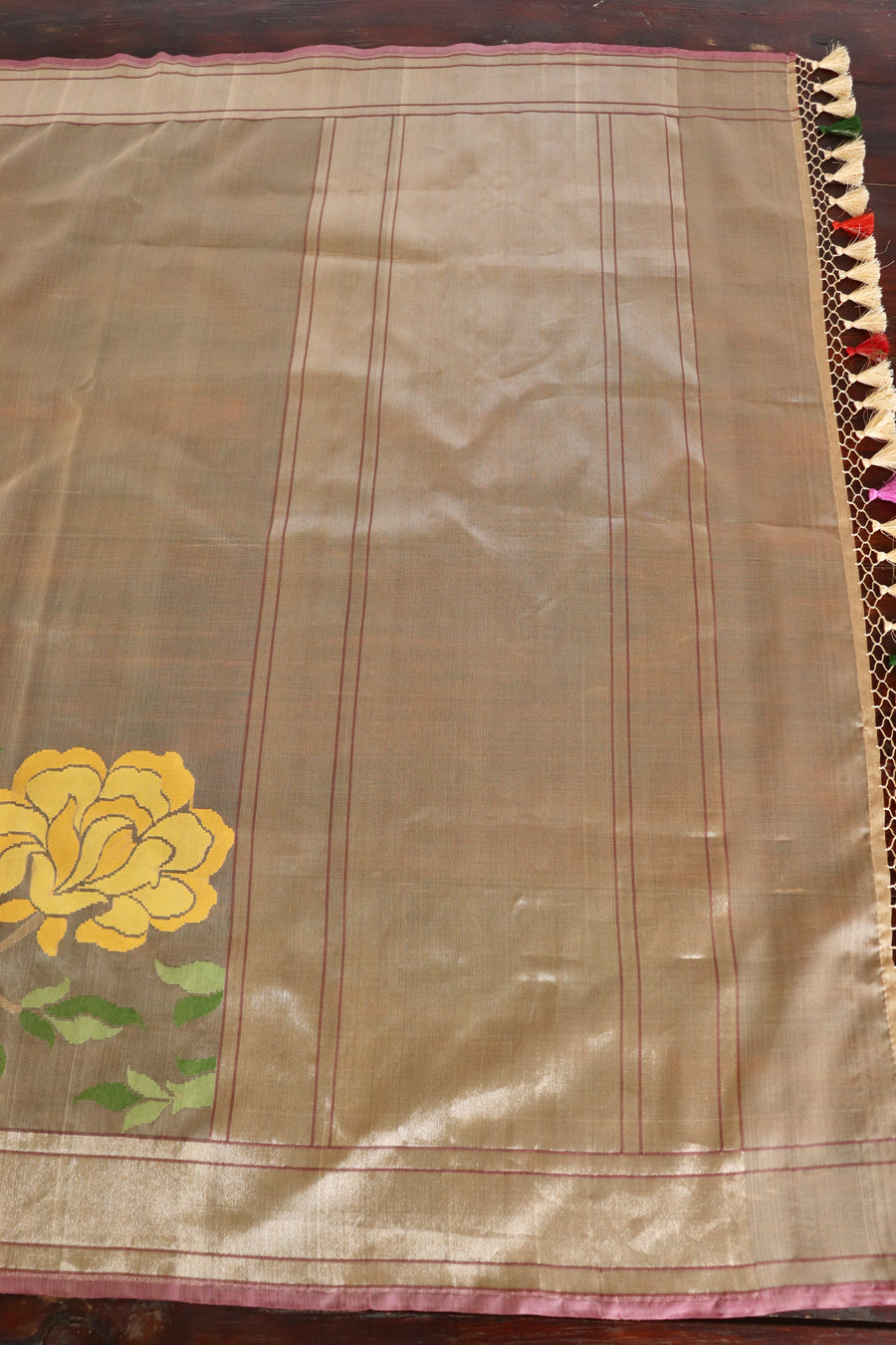 Beige Jamdani Roses Banarsi Kora Organza Saree