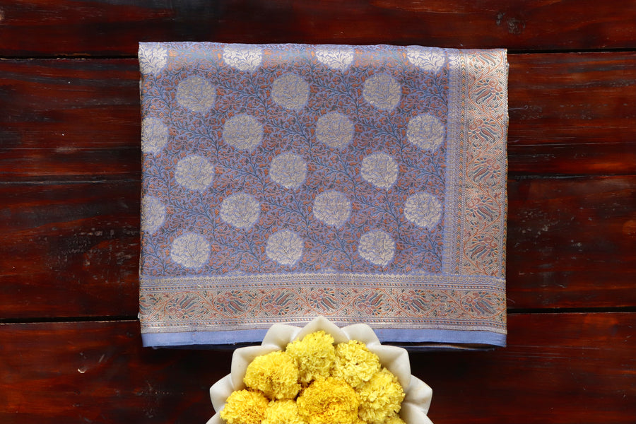 Grey handloom Banarsi saree with tanchoi motifs in Satin silk