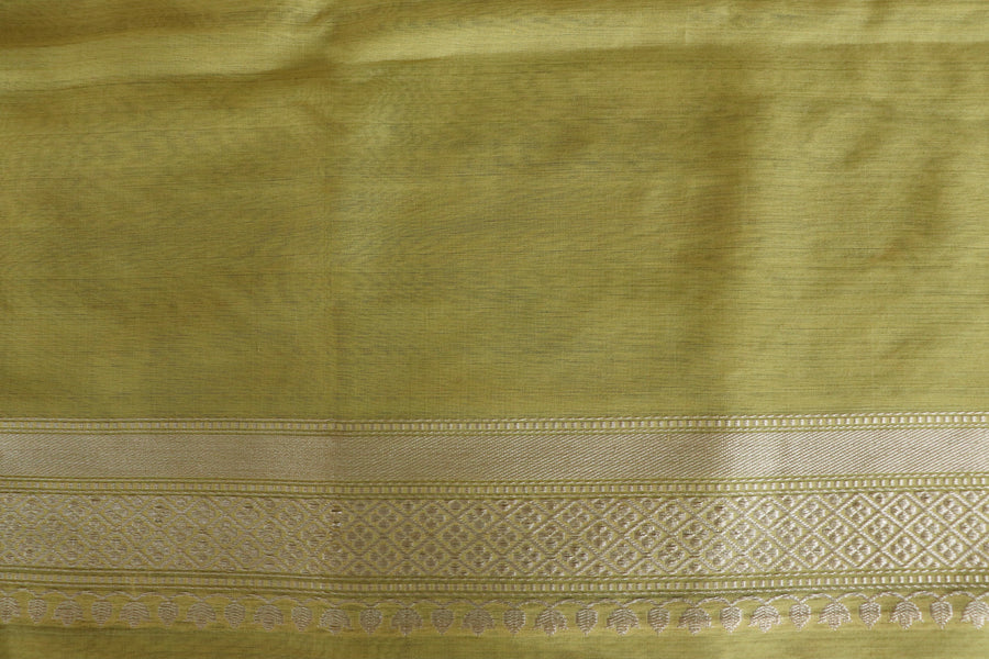 Lemon Yellow Leaf Motif Handloom Banarasi Organza Silk Saree