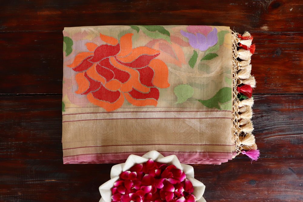 Beige Jamdani Roses Banarsi Kora Organza Saree