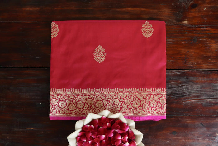 Rani Pink Parizaat Motif Pure Kora Silk Handloom Saree