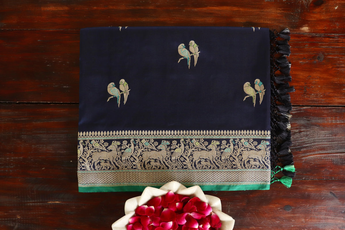 Navy Parrot  Bird Motif Kadhua Pure Silk Handloom Banarasi Saree