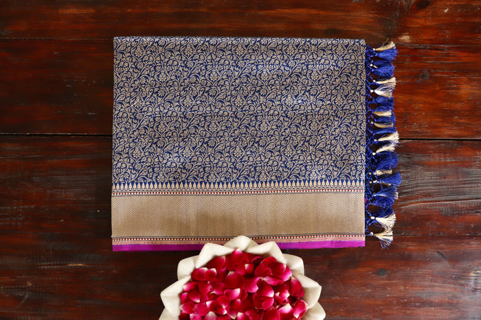 Blue Brocade Jaal Pure Silk Handloom Banarasi Saree