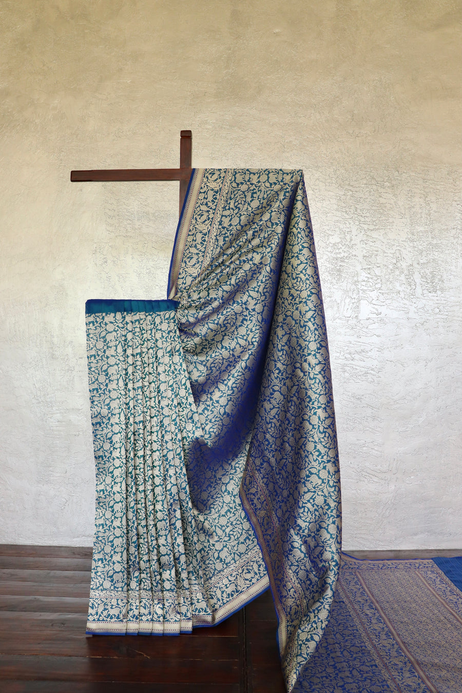 Teal Shikargah Pure Silk Handloom Banarasi Saree
