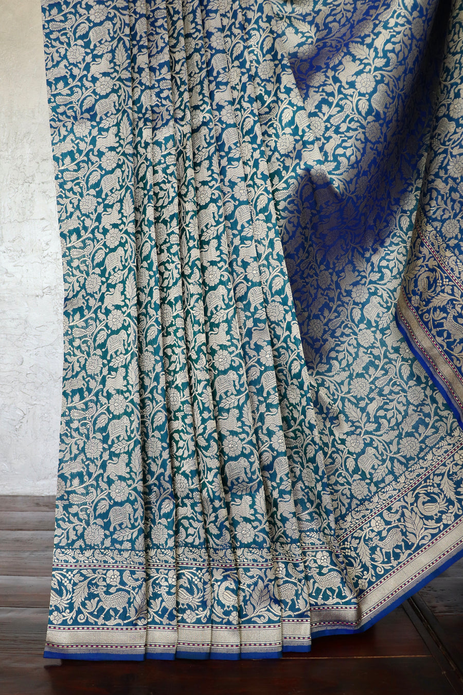 Teal Shikargah Pure Silk Handloom Banarasi Saree
