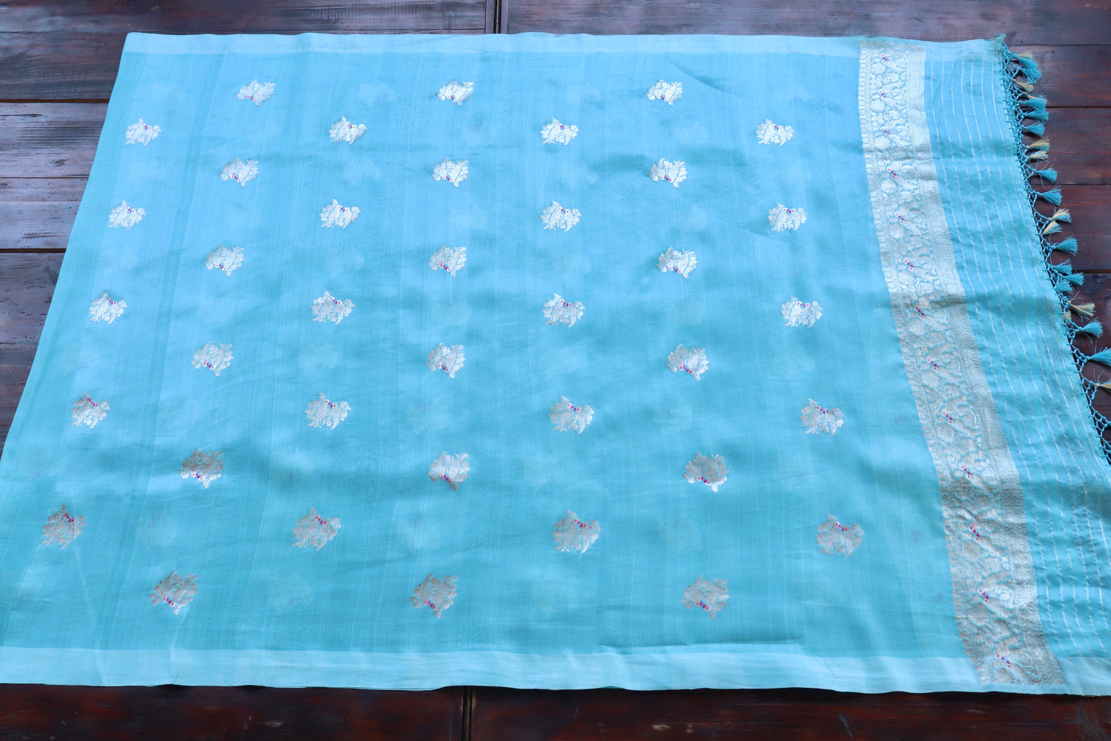 Sky Blue Bird Motif Pure Kora Silk Handloom Banarasi Dupatta