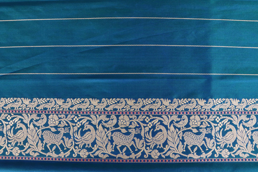 Teal Shikargah Pure Silk Handloom Banarasi Saree
