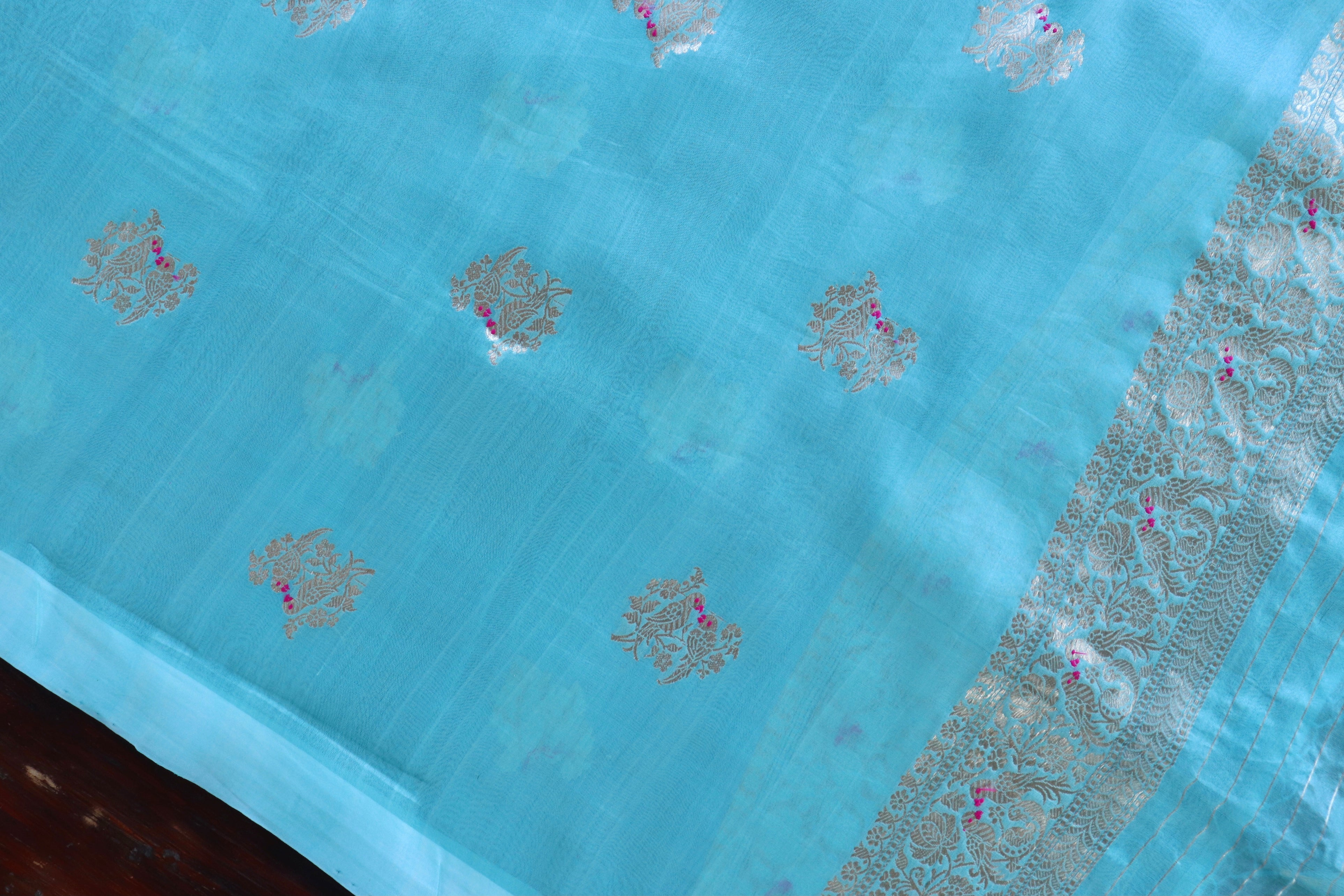 Sky Blue Bird Motif Pure Kora Silk Handloom Banarasi Dupatta
