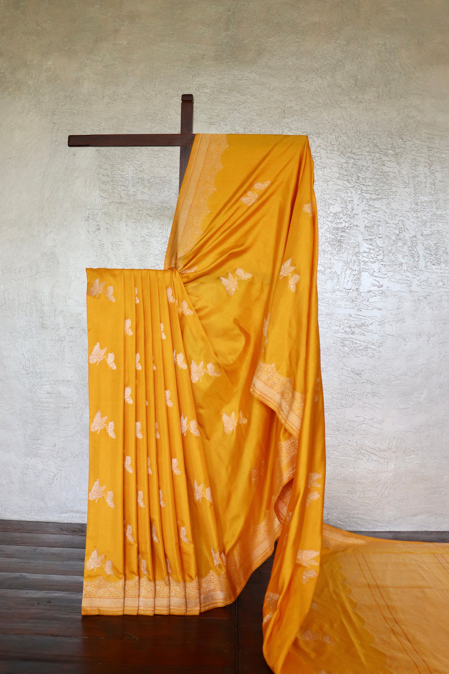 Yellow Butterfly Buti Banarasi Katan Silk Handwoven Saree