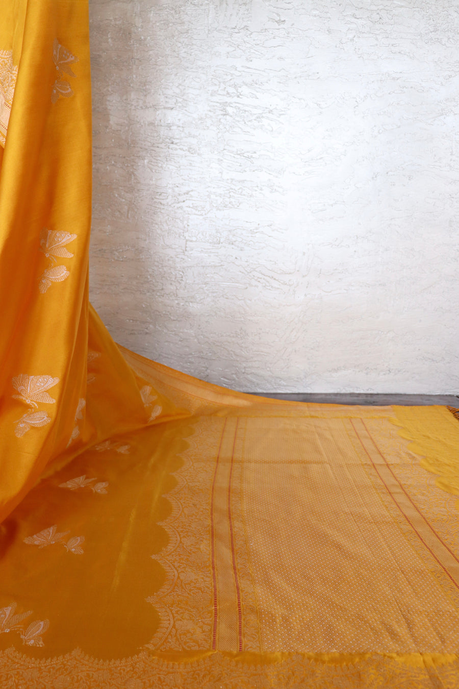Yellow Butterfly Buti Banarasi Katan Silk Handwoven Saree