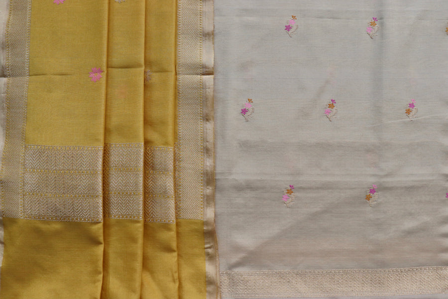 Yellow and Ivory Meenakari Buti Banarasi Silk By Cotton Suit Set