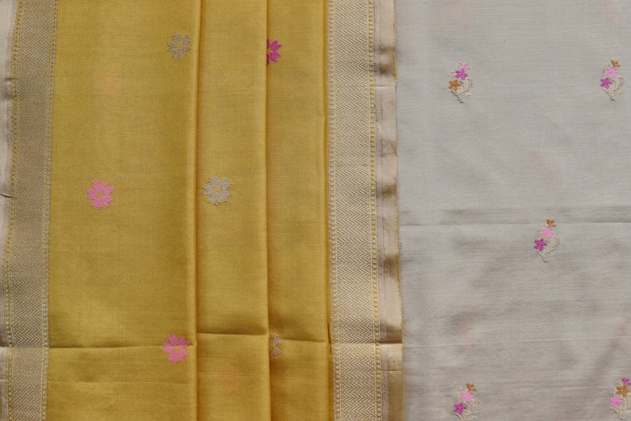 Yellow and Ivory Meenakari Buti Banarasi Silk By Cotton Suit Set