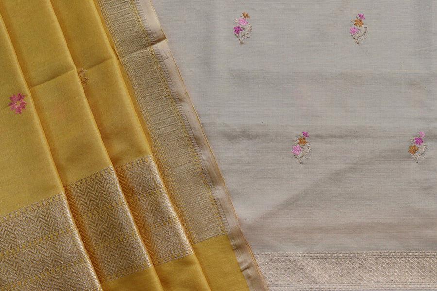 Yellow and Ivory Meenakari Buti Banarasi Silk By Cotton Suit Set
