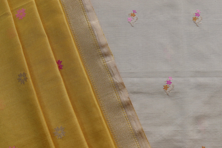 Yellow and Ivory Meenakari Buti Banarasi Silk By Cotton Suit Set