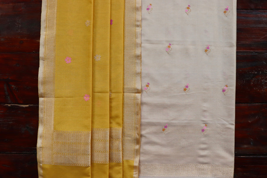 Yellow handloom Banarsi suit set with buti motifs in silk by cotton