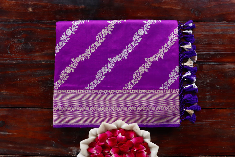 Purple Aada Jangla Pure Katan Silk Banarsi Saree