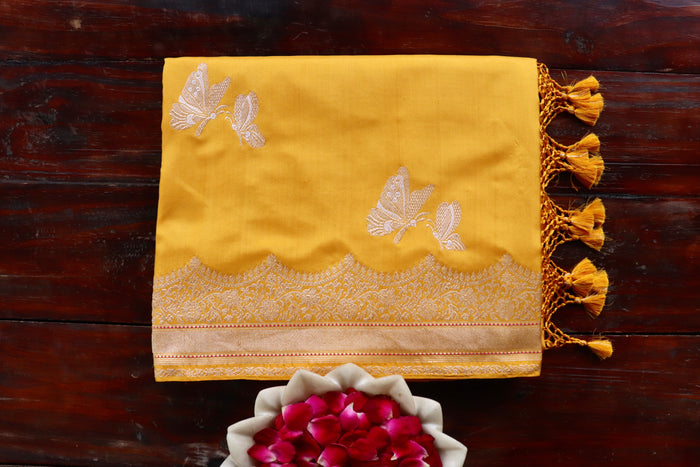 Yellow Butterfly Buti Banarasi Katan Silk Handwoven Saree