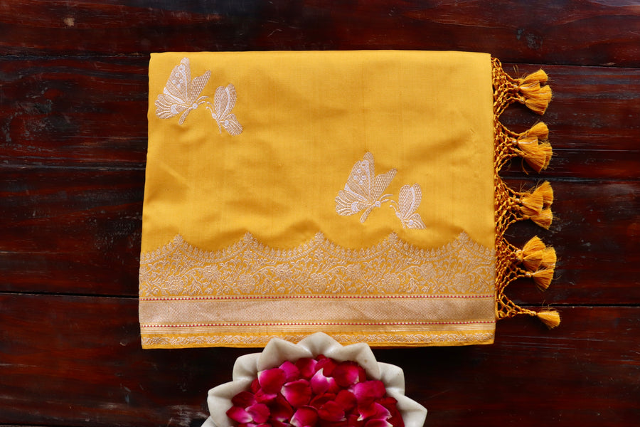 Yellow Butterfly Buti Banarasi Katan Silk Handwoven Saree