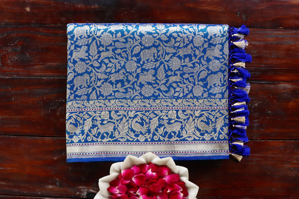 Teal Shikargah Pure Silk Handloom Banarasi Saree