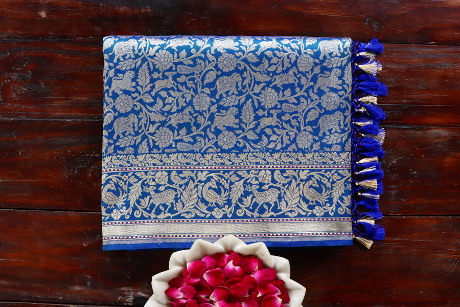 handloom Banarsi saree with shikargah motifs in pure silk