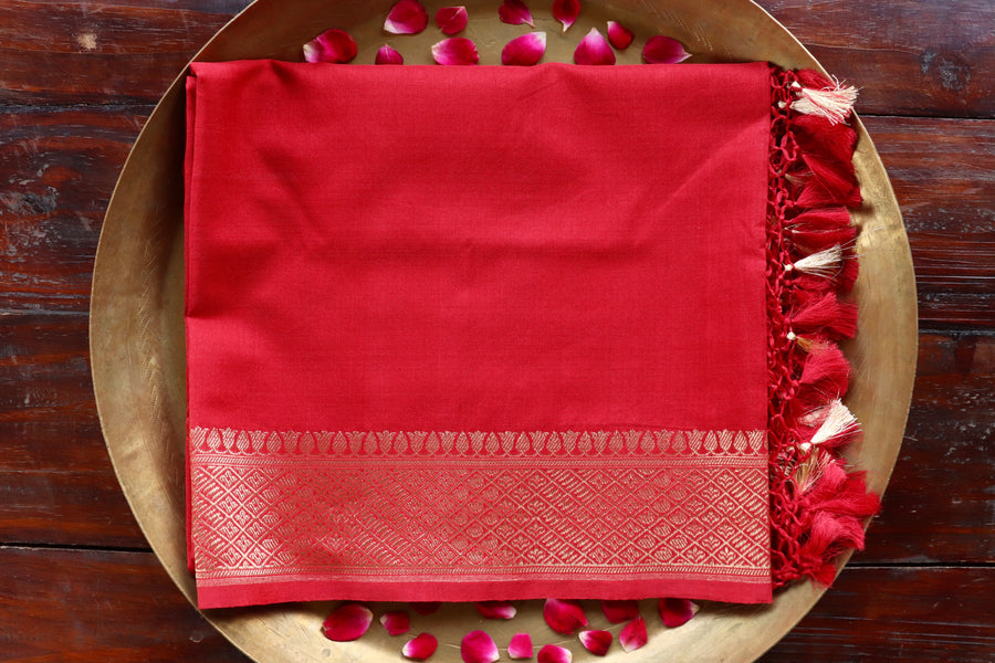Red Zari Border Pure Cotton Handloom Banarasi Dupatta