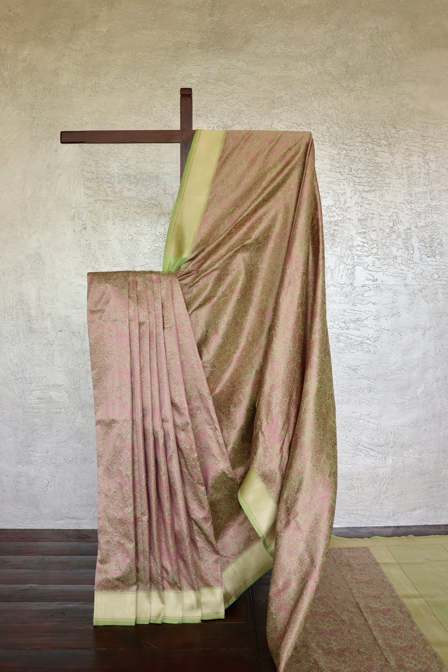 Pista Green & Pink Butterfly Resham Banarasi Tanchoi | Stuti Weaves