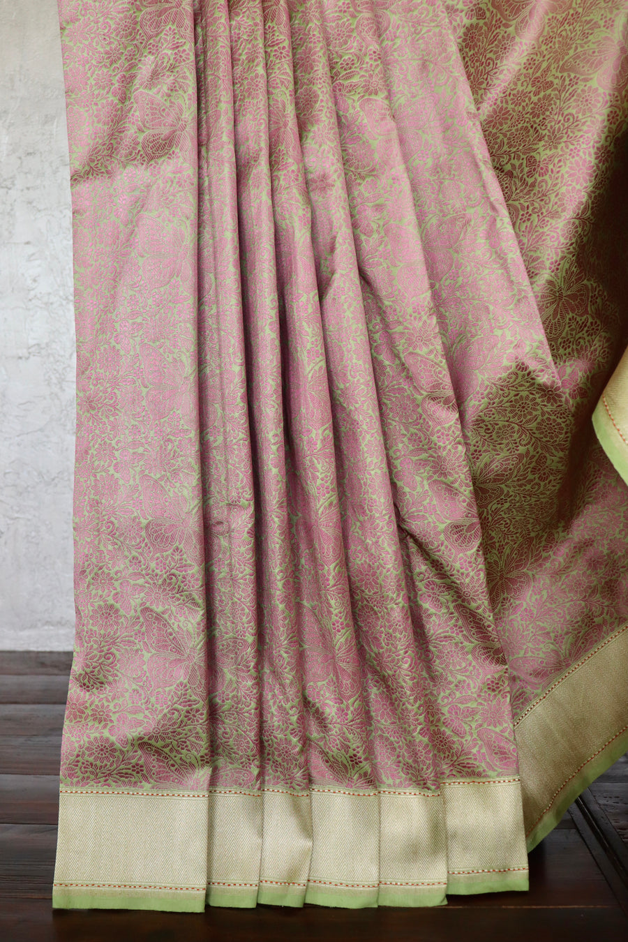 Pista Green & Pink Butterfly Resham Banarasi Tanchoi | Stuti Weaves