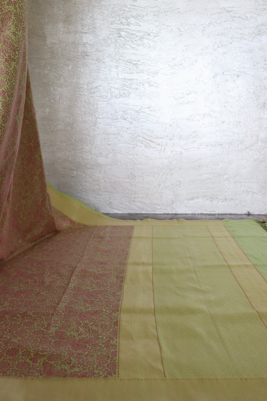 Pista Green & Pink Butterfly Resham Banarasi Tanchoi | Stuti Weaves