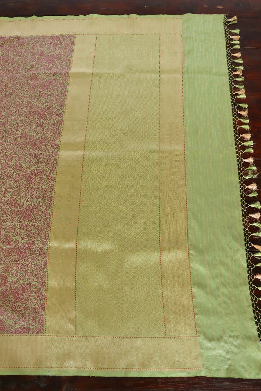 Pista Green & Pink Butterfly Resham Banarasi Tanchoi | Stuti Weaves