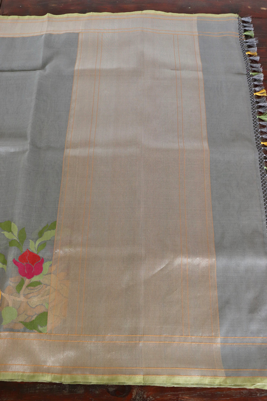 Grey With Multi Colour Flowers Pure Kora Silk Banarasi | Stuti Weaves