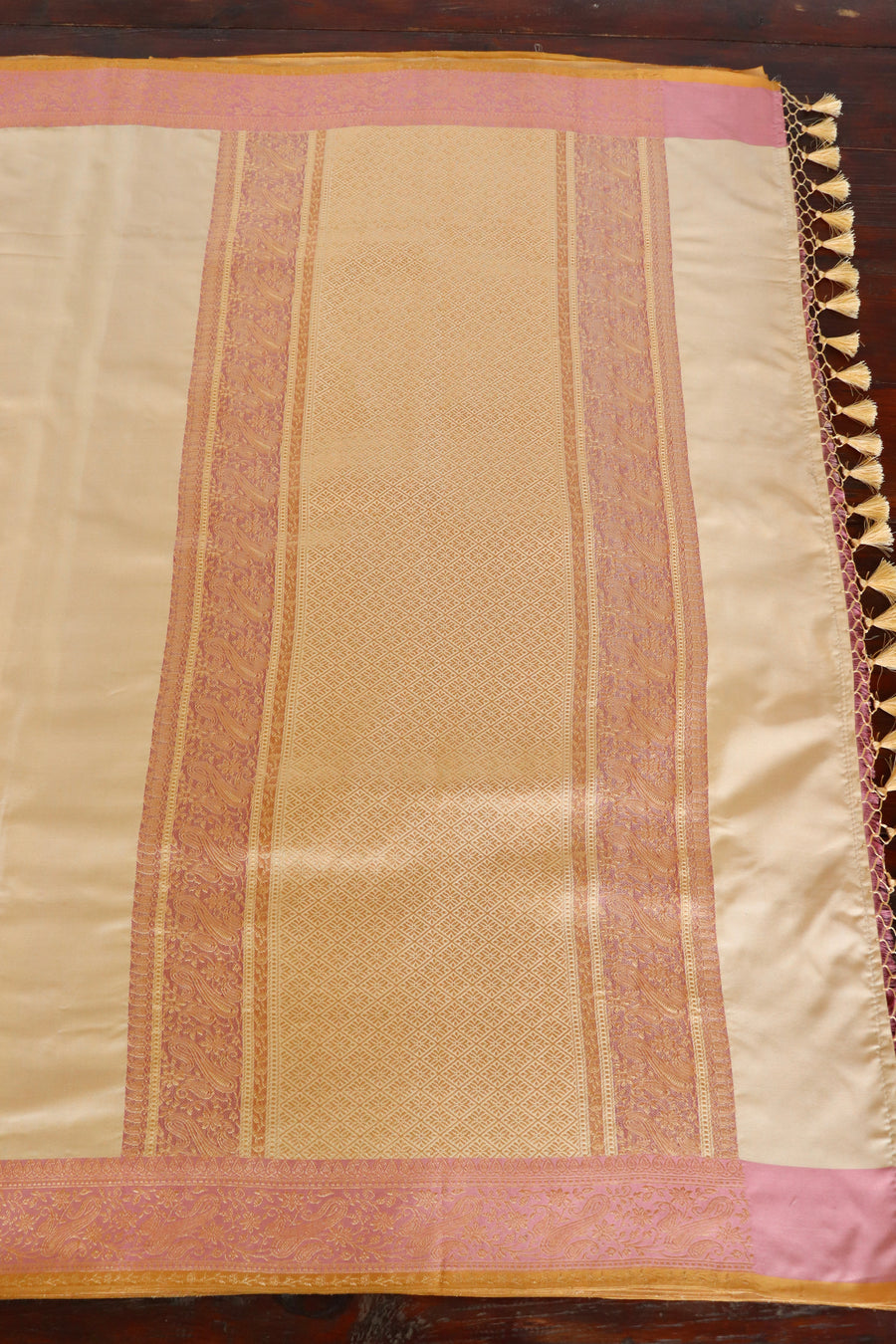 Ivory & Pink Banarasi Handwoven Satin Silk Saree