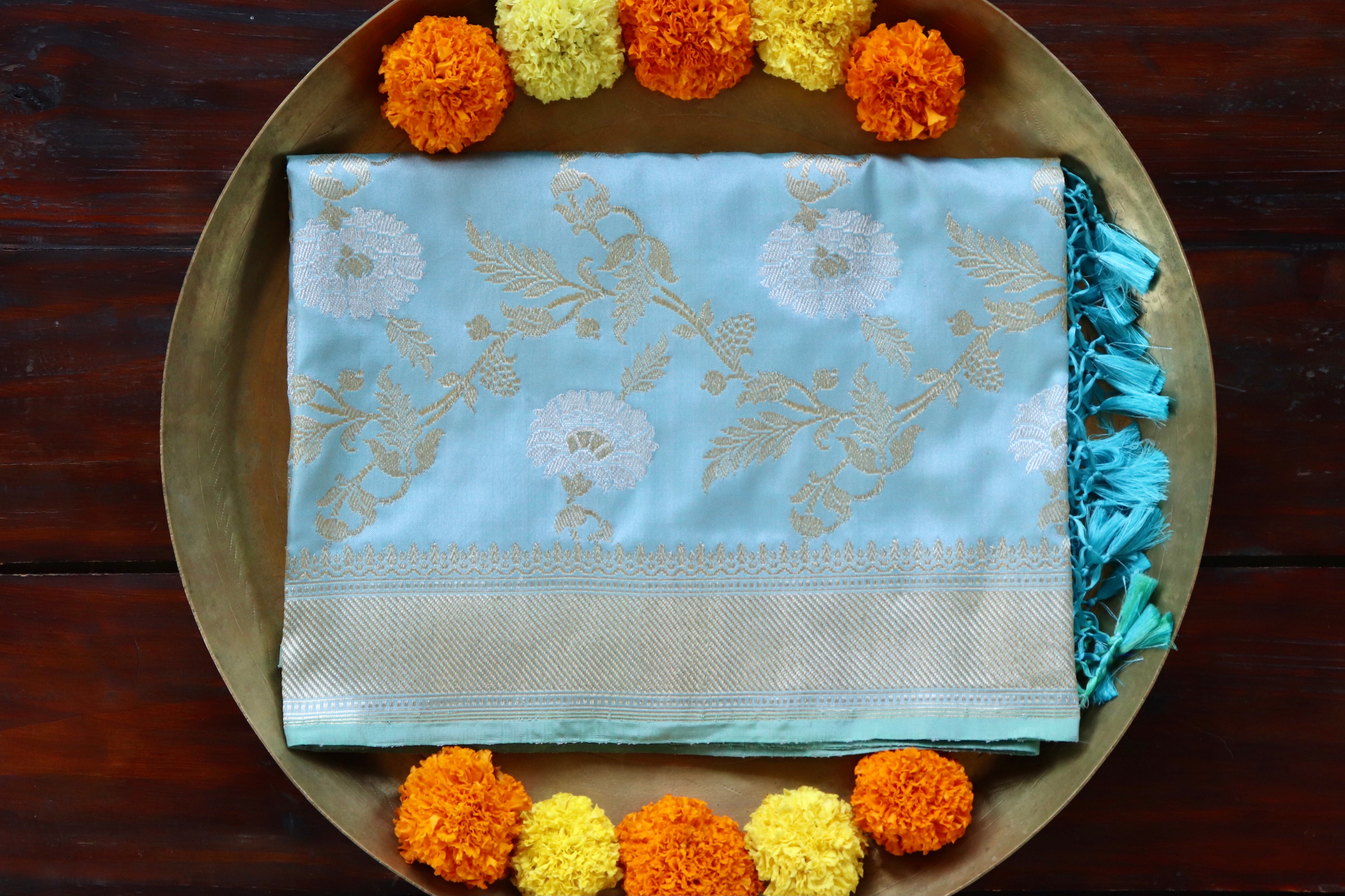 Sky Blue Jangla Pure Silk Handloom Banarasi Dupatta