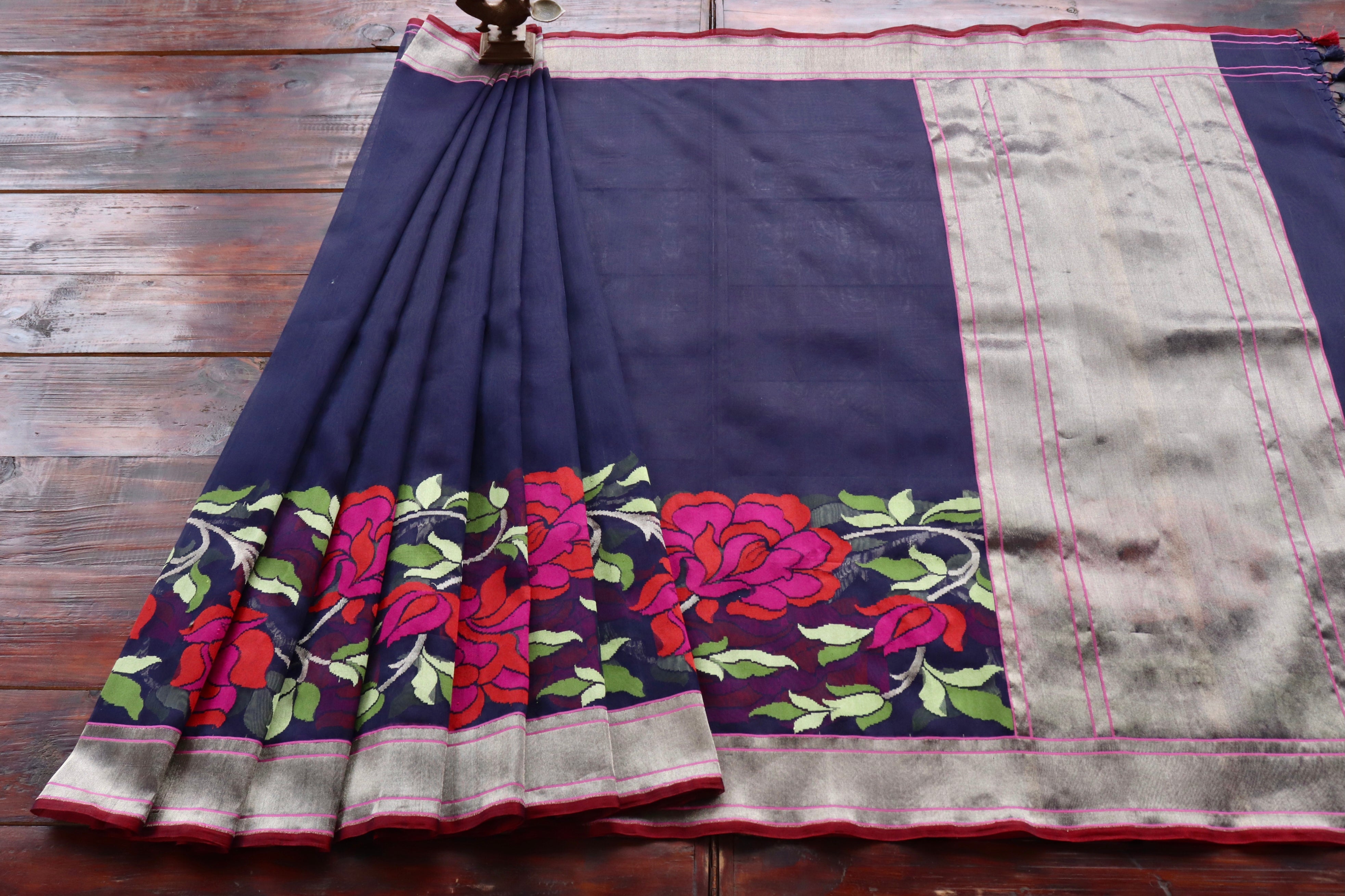 Blue Pure Kora Silk Handloom Banarasi Saree