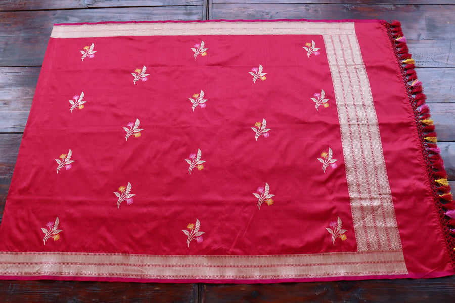 Red Leaf Motif Pure Silk Handloom Banarasi Dupatta