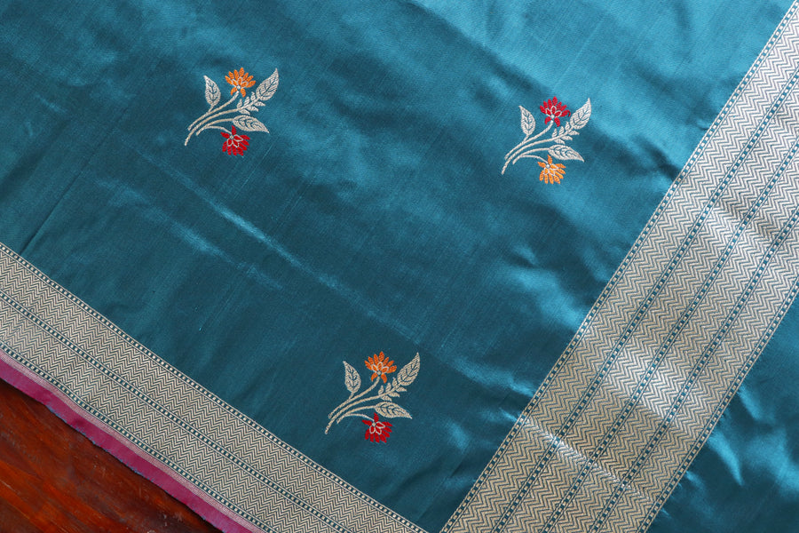 Teal Leaf Motif Pure Silk Handloom Banarasi Dupatta – view 5