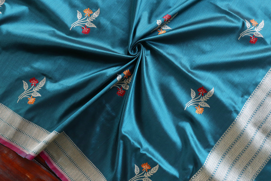 Teal Leaf Motif Pure Silk Handloom Banarasi Dupatta – view 2