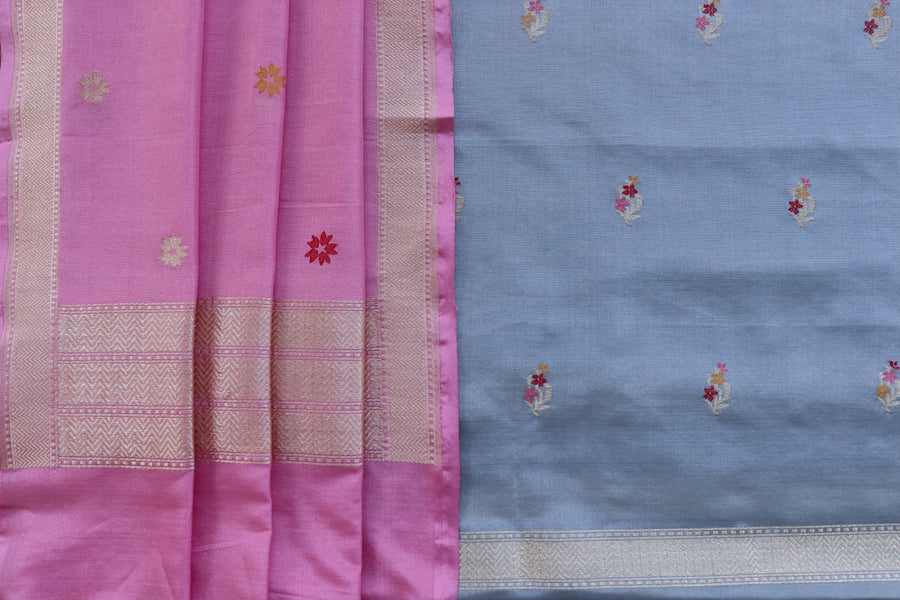 Grey and Pink Green Meenakari Buti Banarasi Silk By Cotton Suit Set – view 6