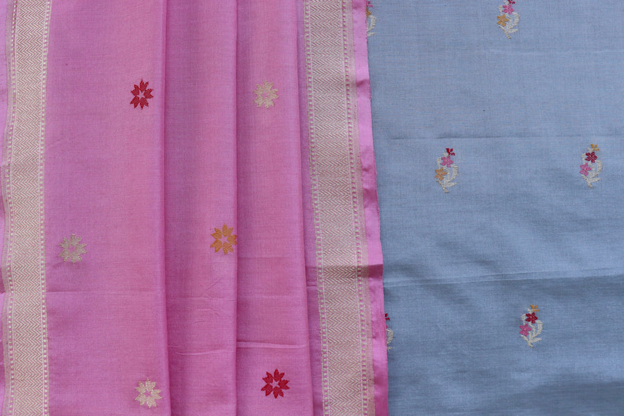 Grey and Pink Green Meenakari Buti Banarasi Silk By Cotton Suit Set – view 5
