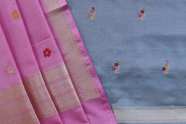 Grey and Pink Green Meenakari Buti Banarasi Silk By Cotton Suit Set – view 2